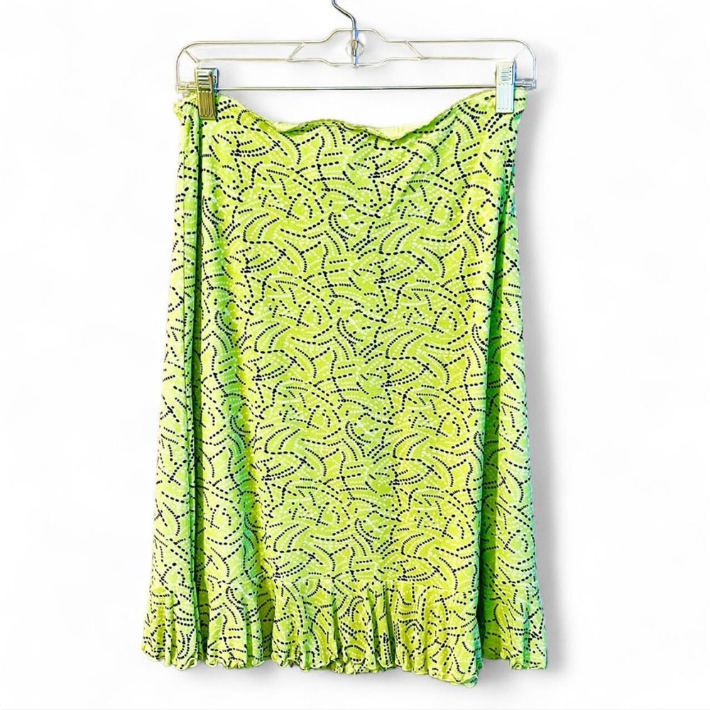 Sz M Y2K Vintage Lime Green Abstract Print Chiffon Midi Skirt